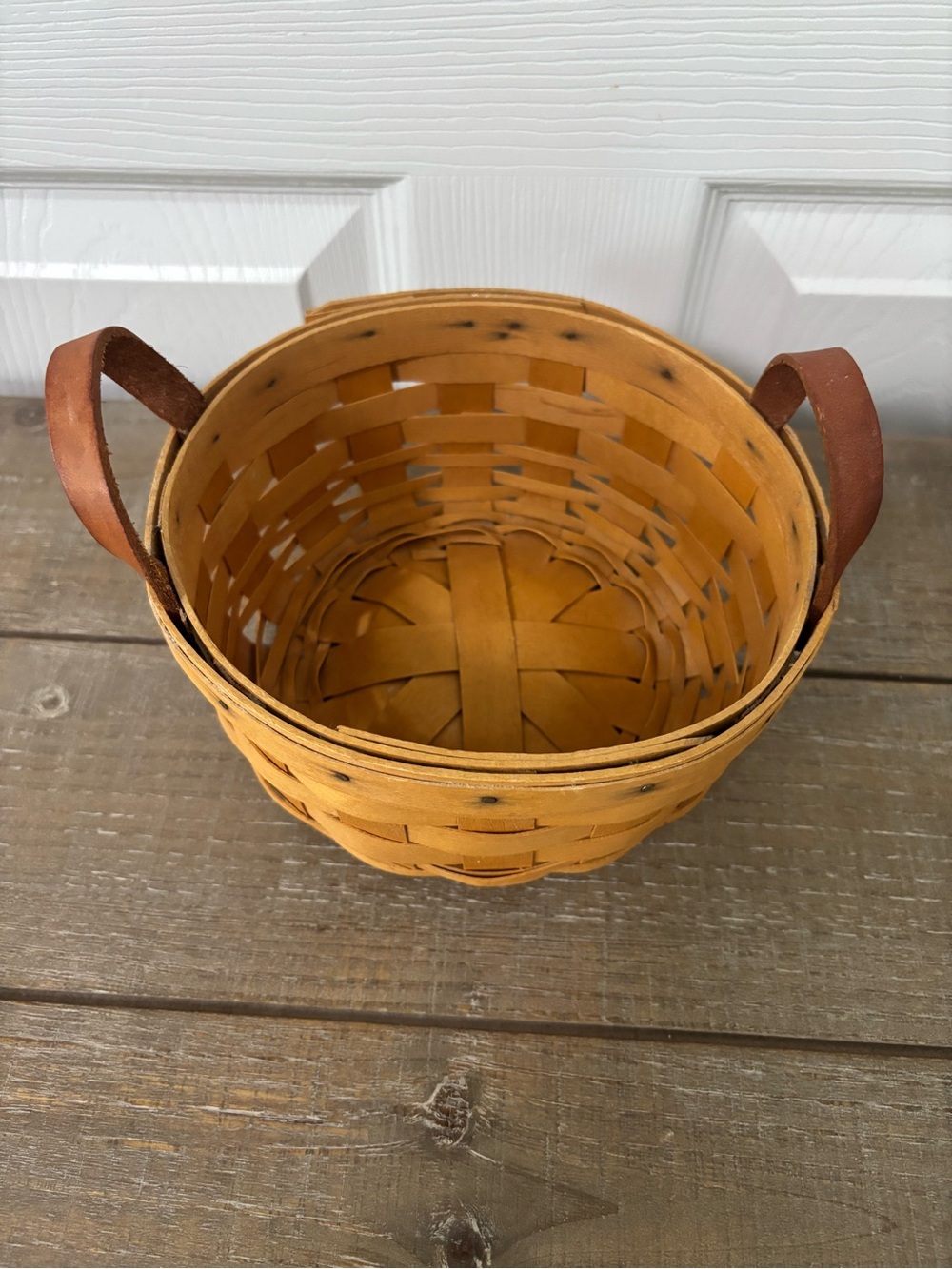Longaberger Yellow Woven Basket with Brown Leather Handles
